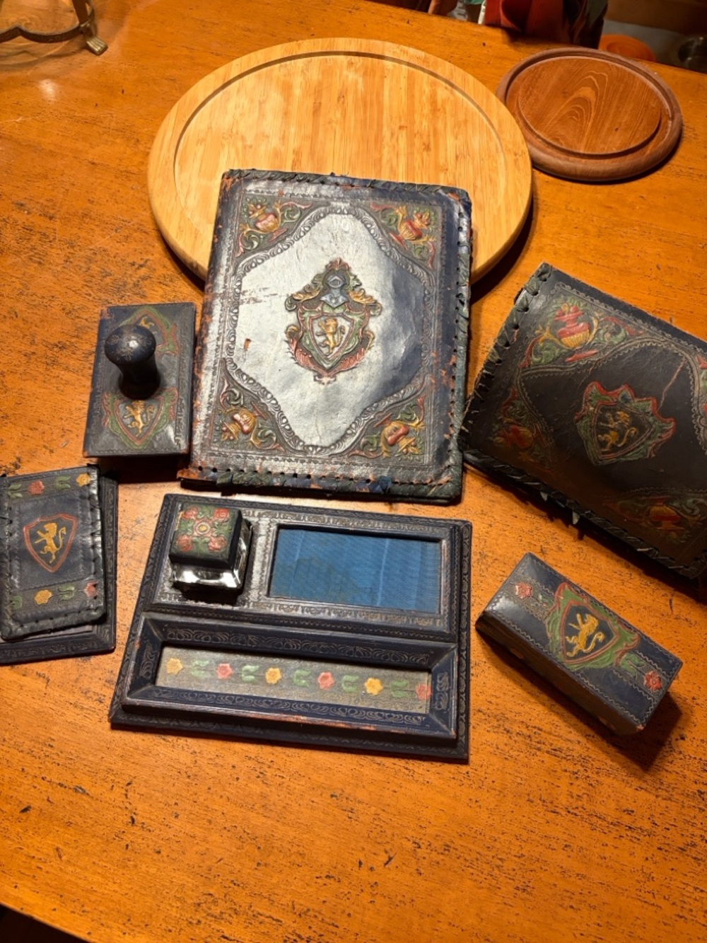Dark Academia Hand Tooled Antique Italian Leather Desk Set Dark Blue